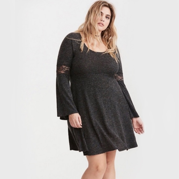 Torrid Lace Inset Hacci Knit Skater Dress in Charcoal - Picture 1 of 7
